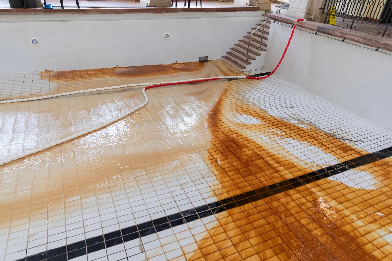 Drained tiled pool with a hose removing the last of the water